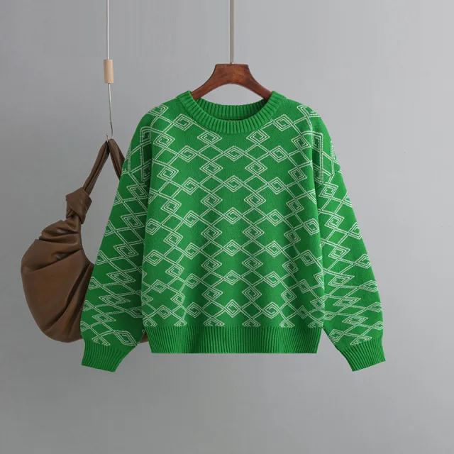 Jacquard Long sleeved Sweater Loose Round Neck Western Style Green - Shop at LoveMi