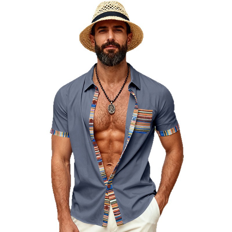 Men's Contrasting-Color Beach Short-Sleeve Casual Shirt
