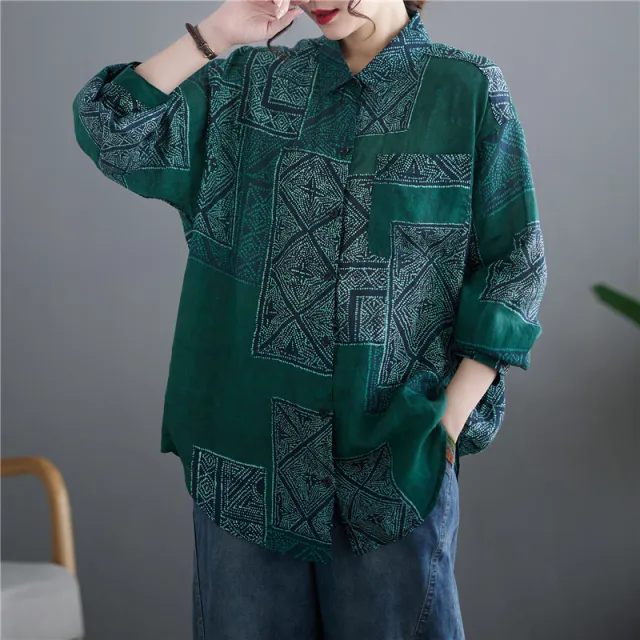 Artistic Retro Temperament Printed Loose Short Front And Long Back Ramie Long Sleeve Lapel Shirt Green - Shop at LoveMi