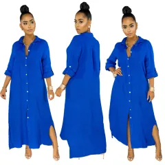 Fashion Solid Colour Women's Clothing Shirt Dress - Blue - View 1