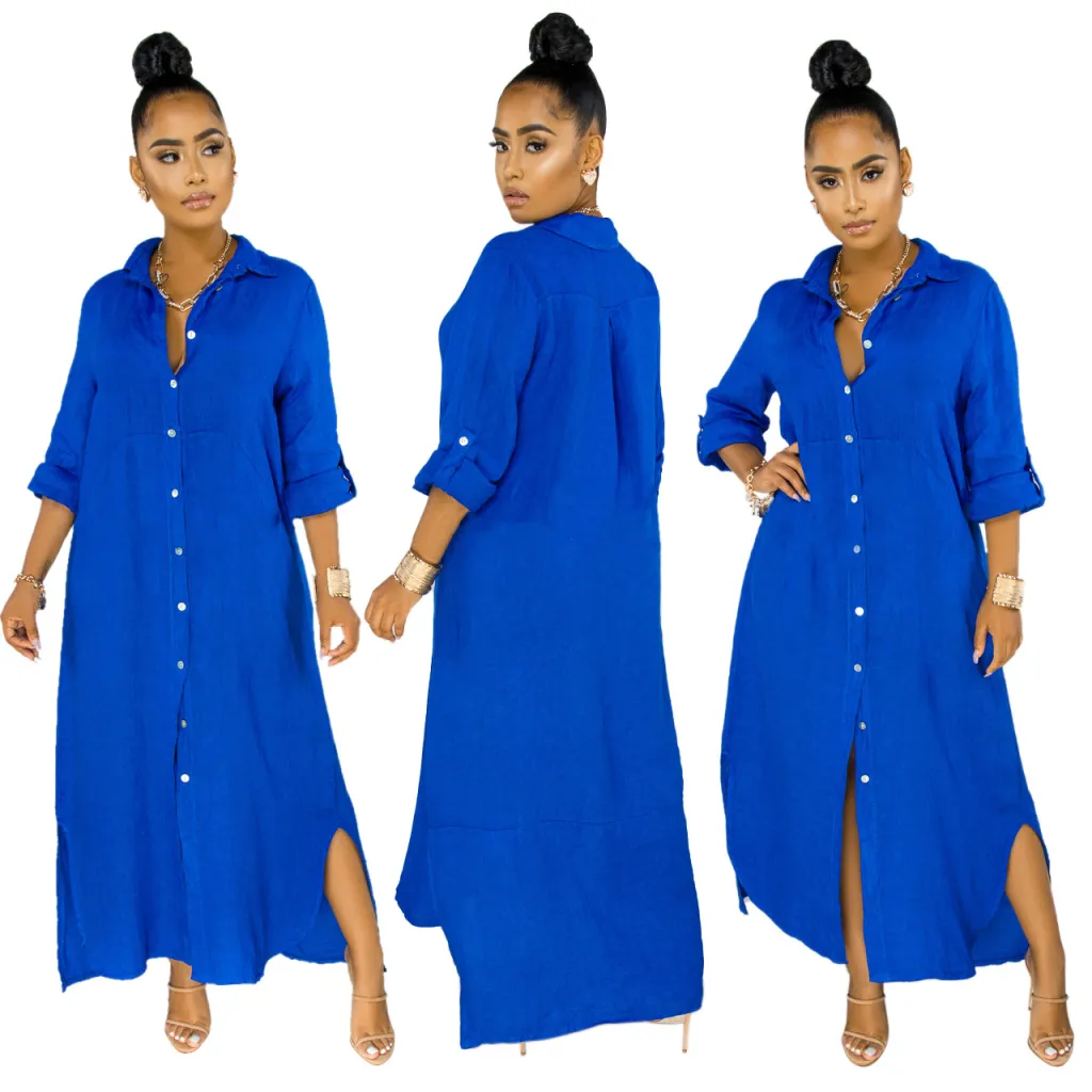 Fashion Solid Color Women's Clothing Shirt Dress - Blue