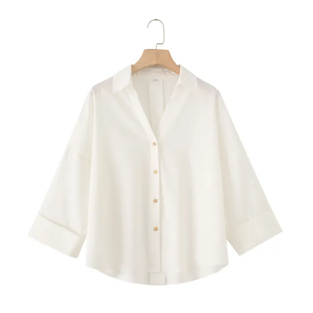 Linen Blended Wide Sleeve V neck Temperament Shirt White - Shop at LoveMi