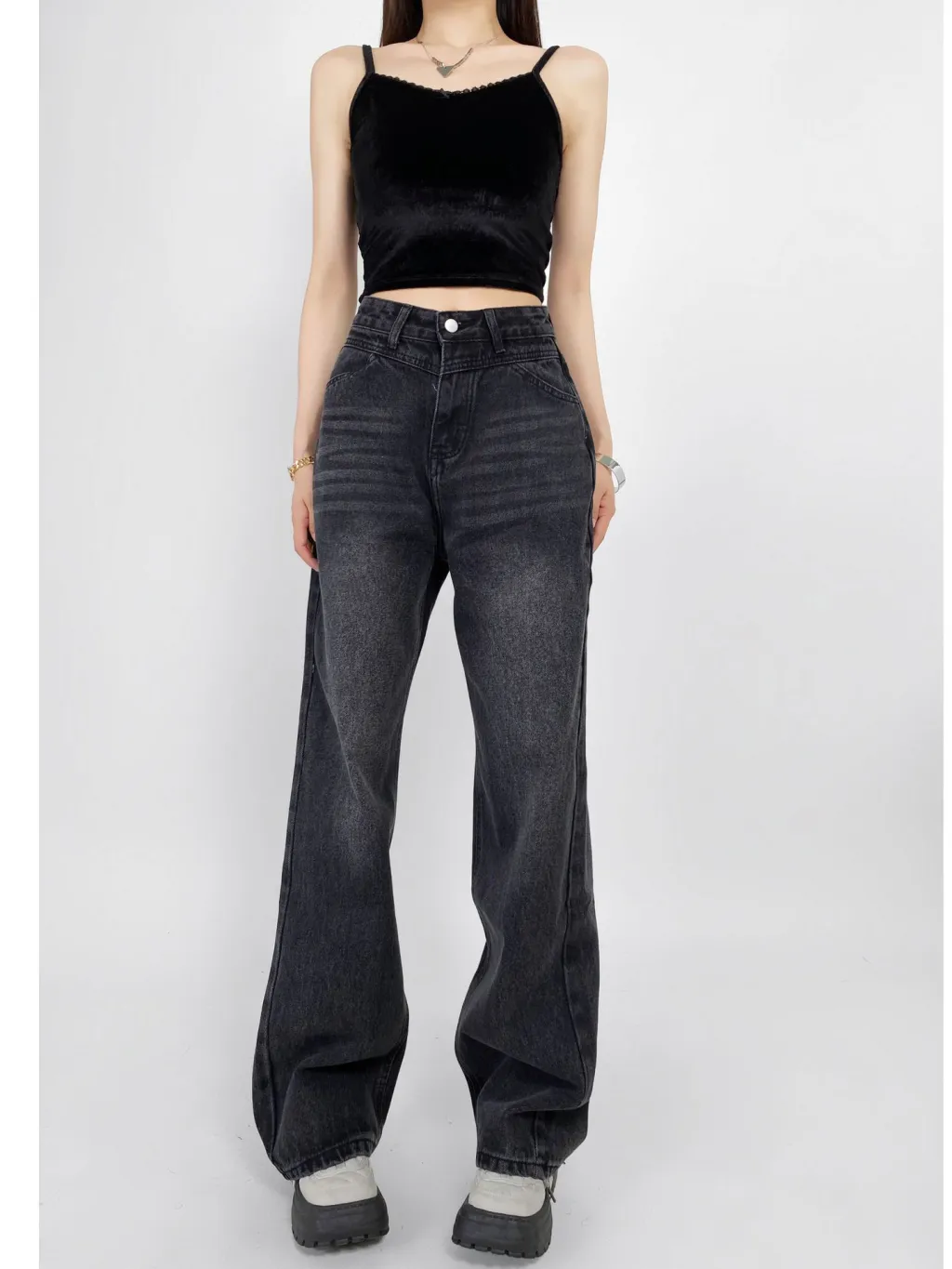 New American High Street Loose Drooping Wide Leg Draggle-tail Straight Trousers - Black