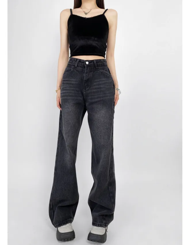 New American High Street Loose Drooping Wide Leg Draggle tail Straight Trousers Black - Shop at LoveMi