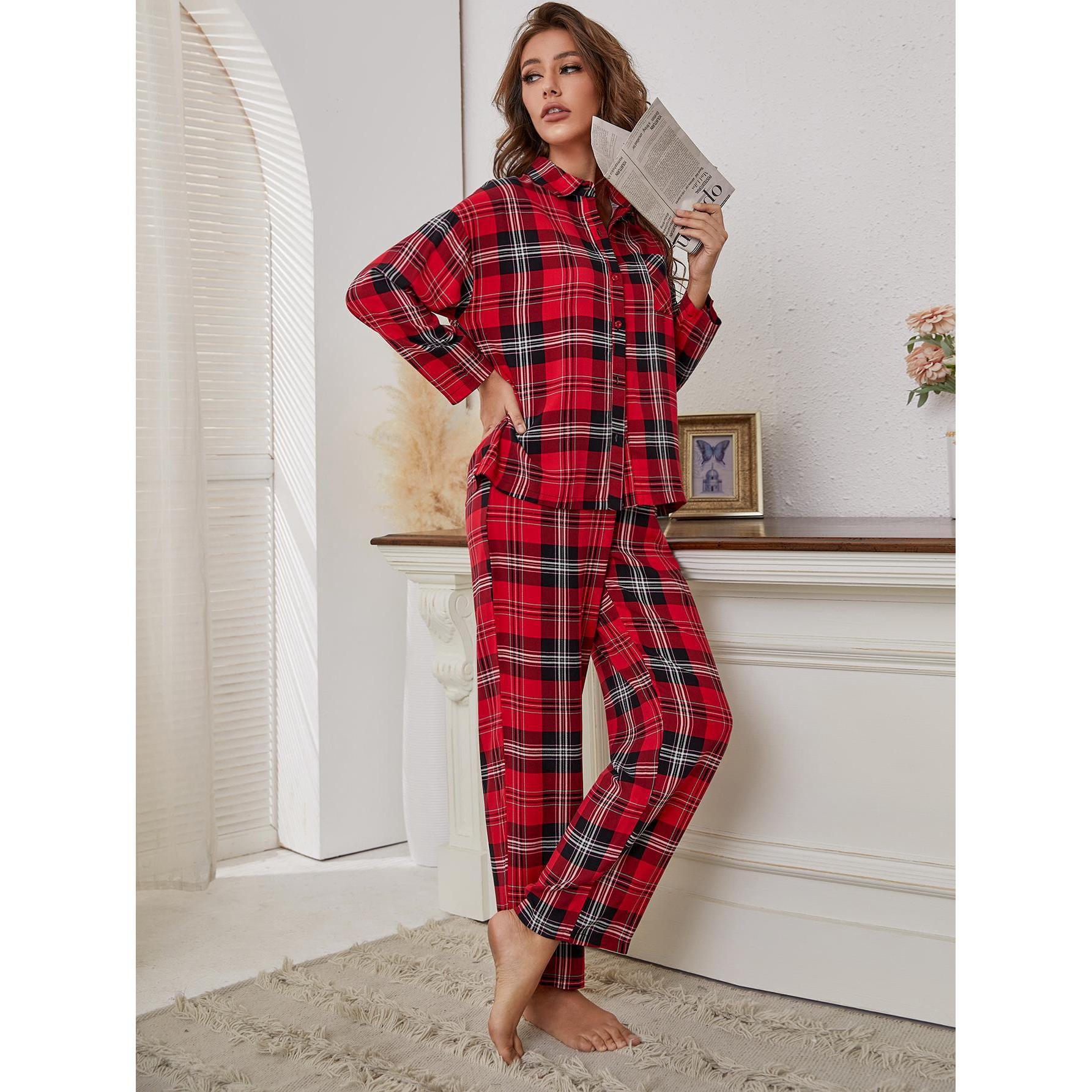 Women's Red Plaid Long Sleeve Autumn And Winter Homewear Two piece Set Black - Shop at LoveMi