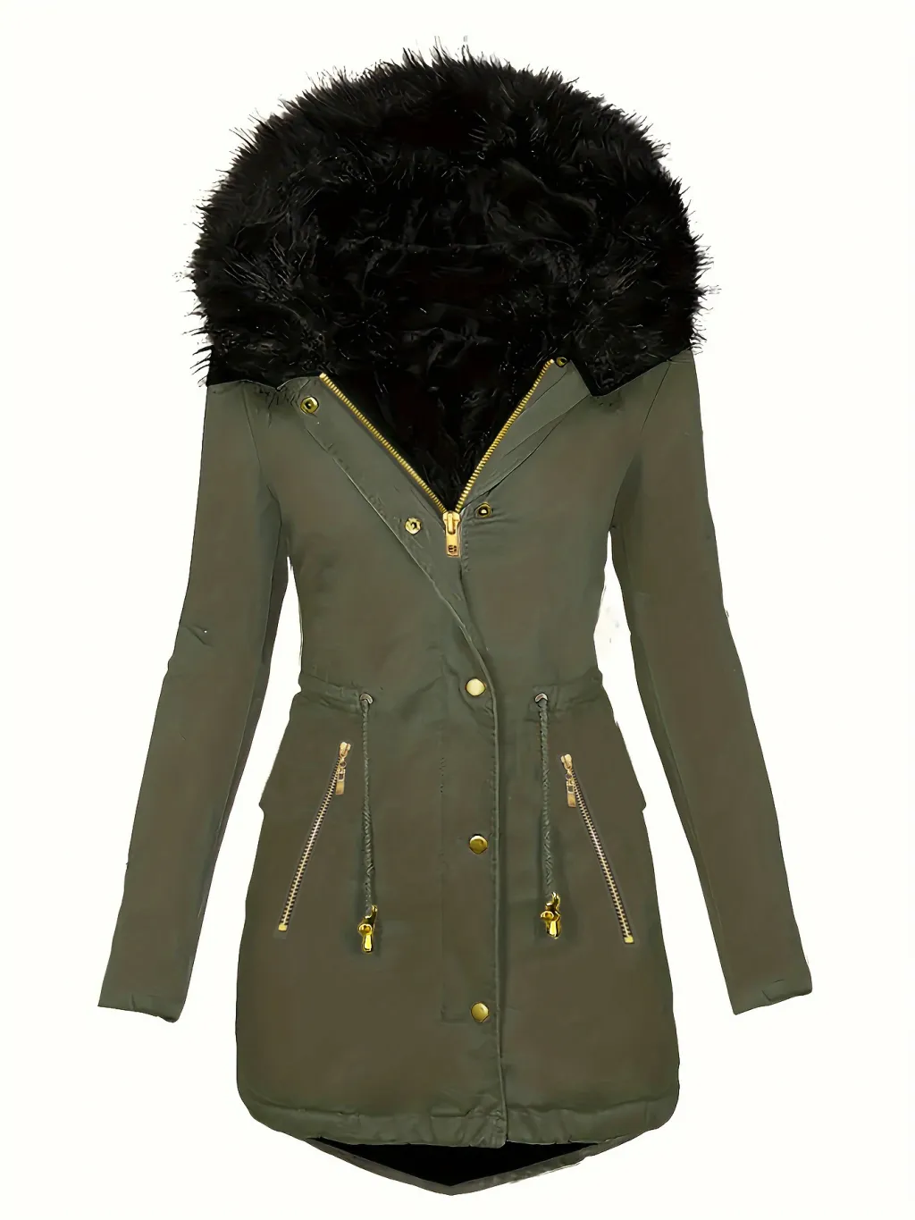 Zipper Faux Fur Decorative Hat Fur Coat Long Sleeve Oblique - Army Green