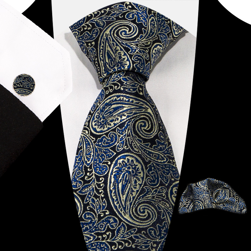 Men's Tie Pocket Square Cuff Buckle Set Plaid Retro