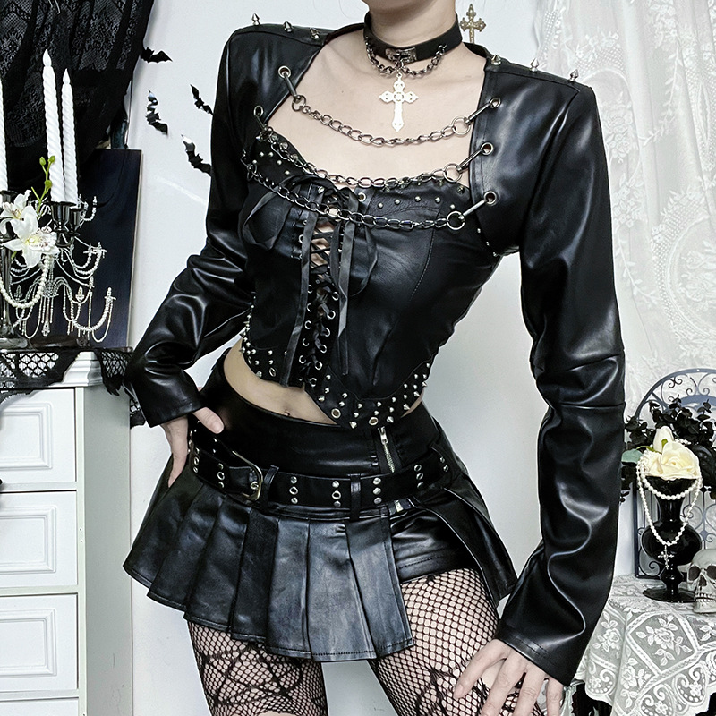 Dark Detachable Chain Leather Coat New Personality Punk Leather Coat