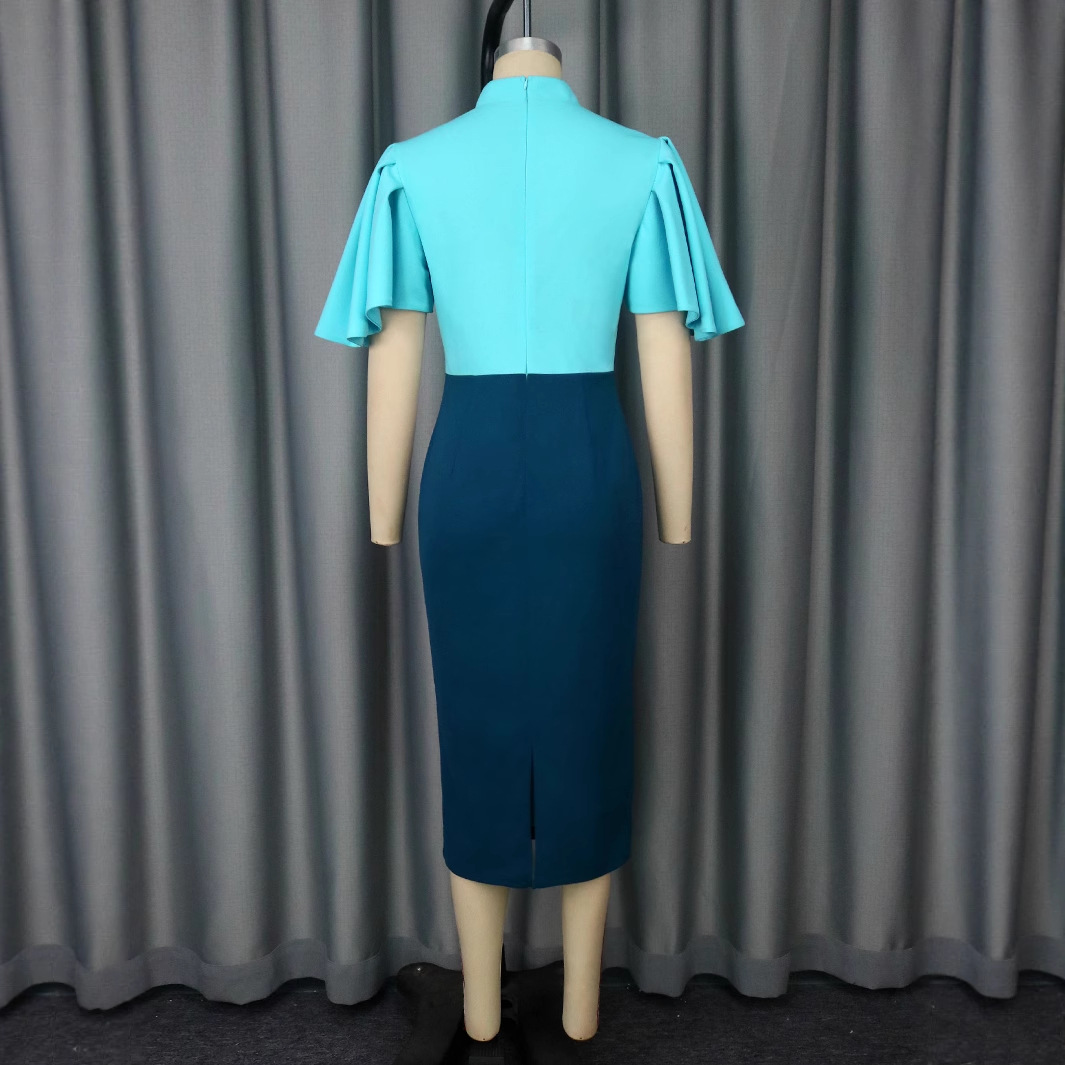 New Retro Half Turtleneck Contrast Color Ruffle Sleeve Dress