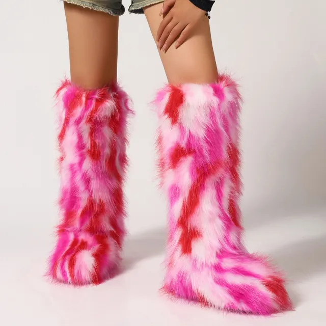 Flat Heel High top Warm Winter Long Tube Fur Boots Red - Shop at LoveMi
