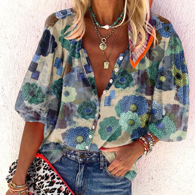 Women's V neck Long Sleeve Stand Collar Printed Sweet Blouse Blue - Shop at LoveMi