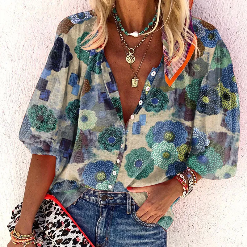 Women's V-neck Long Sleeve Stand Collar Printed Sweet Blouse - Blue