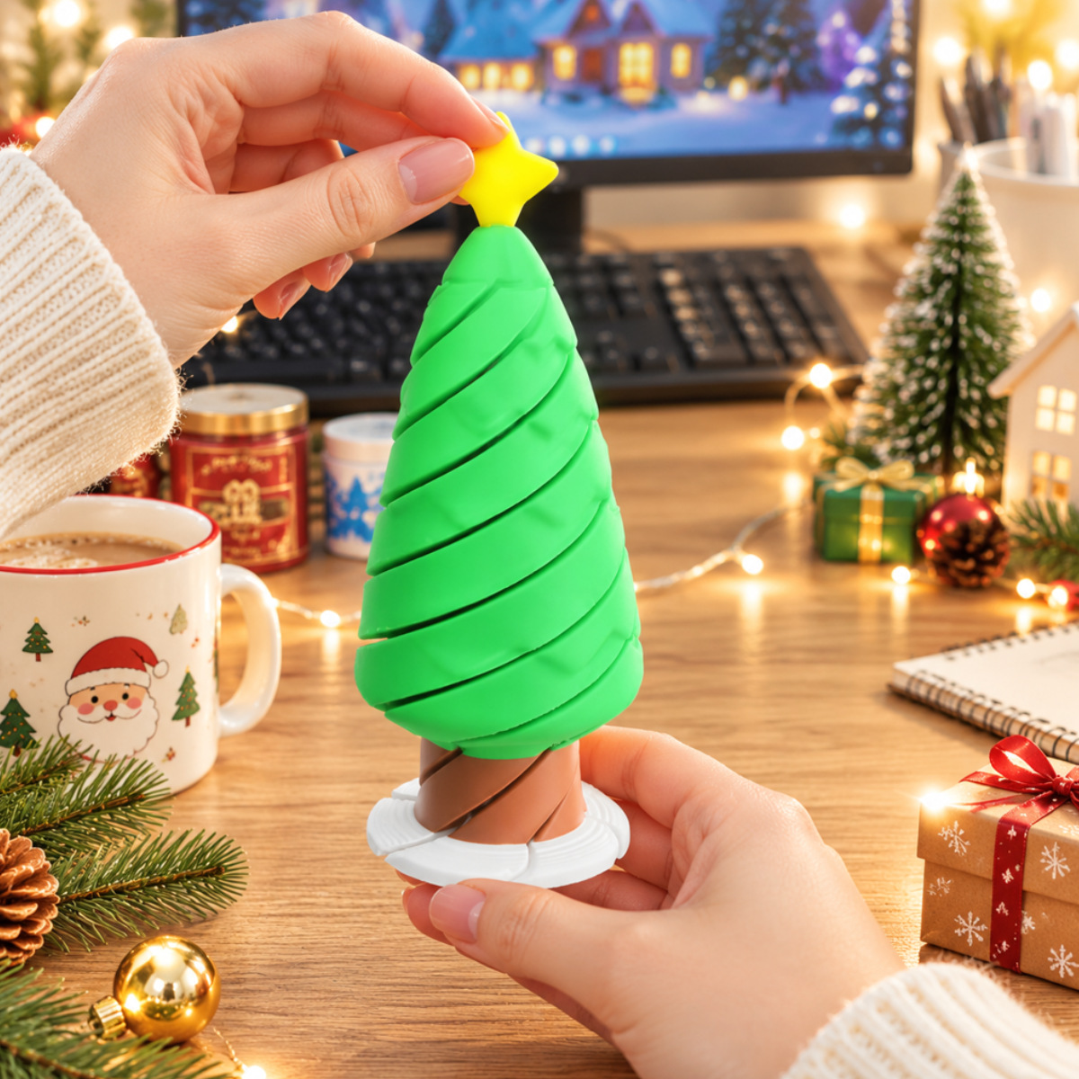 Christmas Desktop Rotating Stress-relief Tree Toy 3D-printed Ornament Decoration