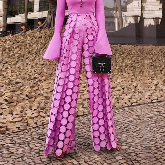 Fashionable Elegant Round Design Tassel Hollow out Embroidered High Waist Wide leg Pants Pink - Shop at LoveMi