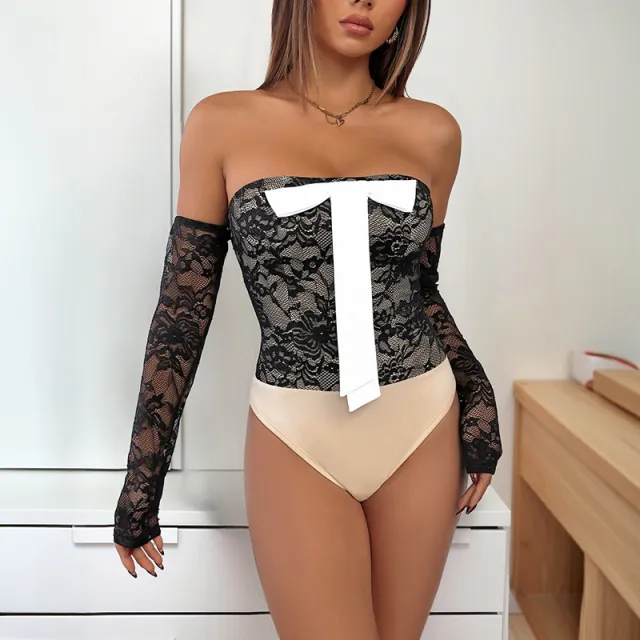 Off shoulder Bow Lace Stitching Contrast Color Jumpsuit Black - Shop at LoveMi