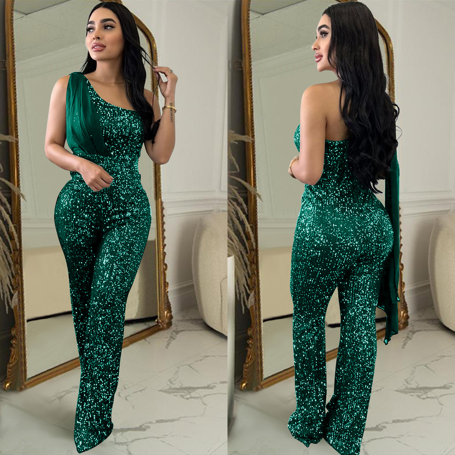 Women's Solid Color Sleeveless One-shoulder Sequined Trousers Jumpsuit - Image 2