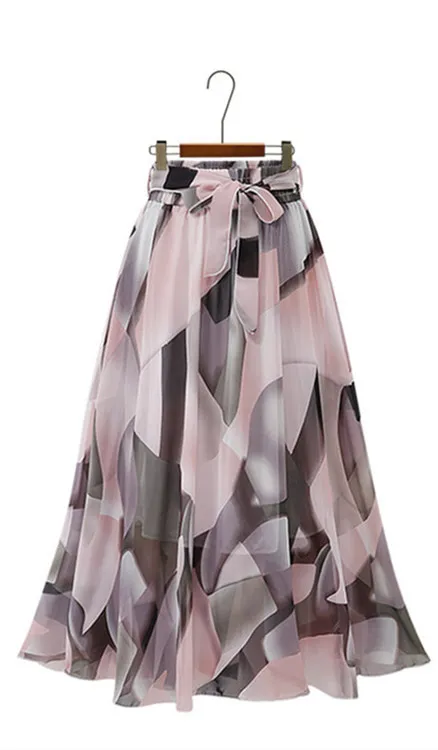 Large Floral Midi Big Swing Chiffon Skirt - Pink