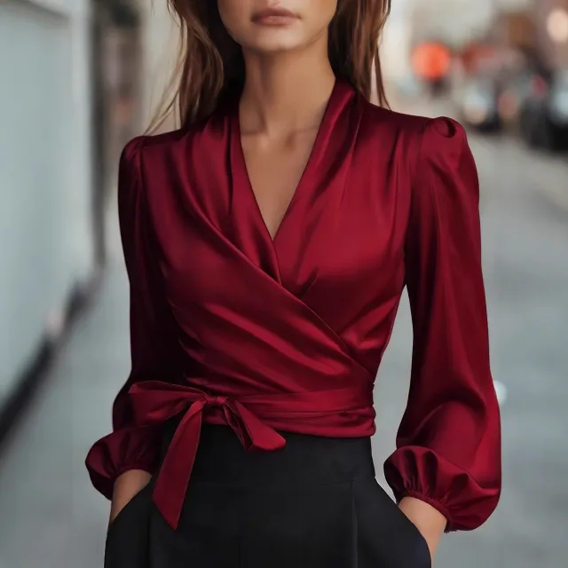 Womens Solid Color V Neck Elegant Satin Bonded Shirt Wine - Shop at LoveMi