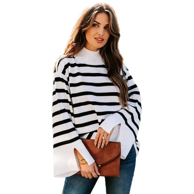 Striped Turtleneck Sweater Women's Cuffs Lc2723245 White - Shop at LoveMi