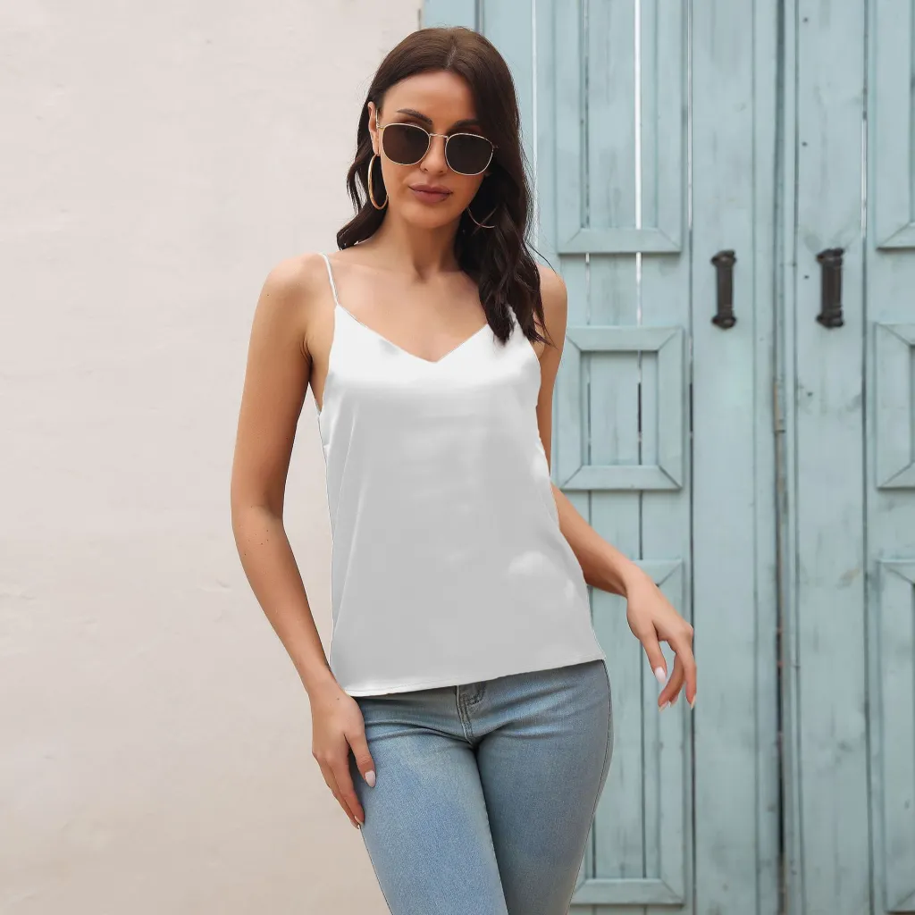 Women's Satin Silk V-neck Small Sling Vest - White