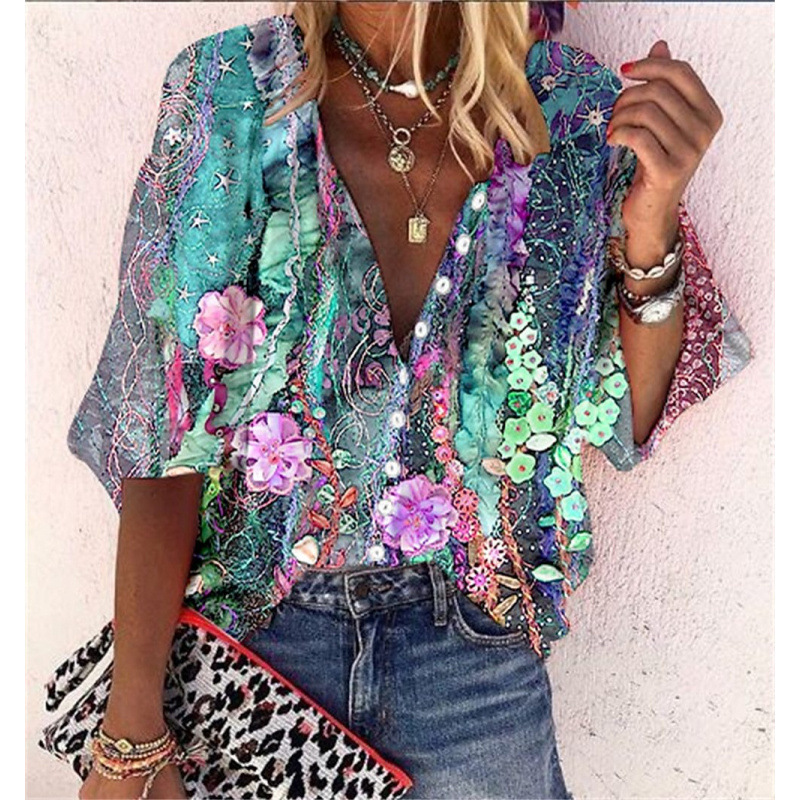 3D Floral-print Long-sleeve Top Fashionable V-neck Blouse For Women