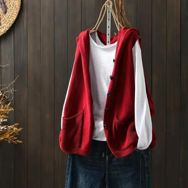 Hooded Knitted Vest Female Artistic Relaxed fit Casual Red - Shop at LoveMi