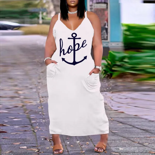 European And American Sexy V neck Loose Slim Strap Midi Plus Size Printed Dress White Fishhook - Shop at LoveMi