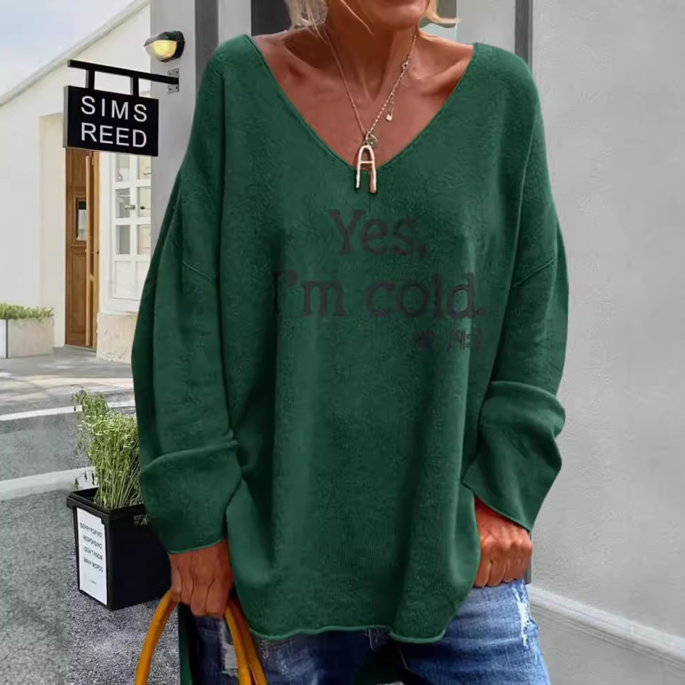 Loose Casual Solid Color Letter Printing U Collar Sweater Women