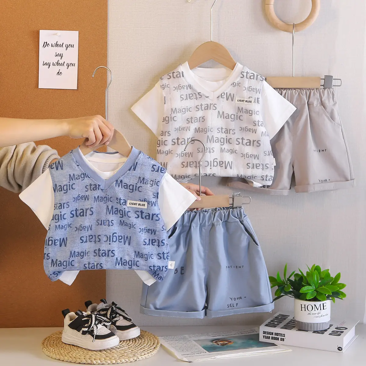 Boys' Letter Print Short-Sleeve Three-Piece Set