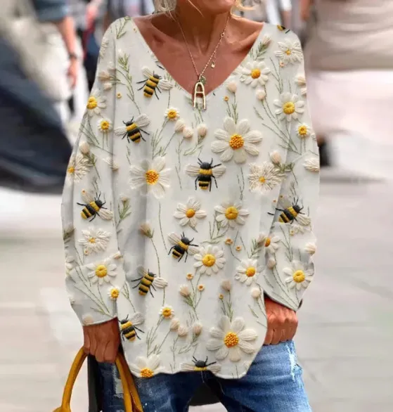 Women's Casual Printed V neck Long Sleeve Top A Xxxl - Shop at LoveMi