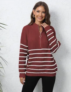 Women's Knitted Striped Stitching Half Turtleneck Zipper Sweater - Wine Red - View 1