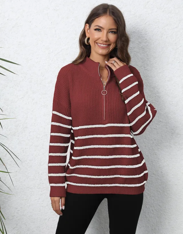 Women's Knitted Striped Stitching Half Turtleneck Zipper Sweater Wine Red - Shop at LoveMi