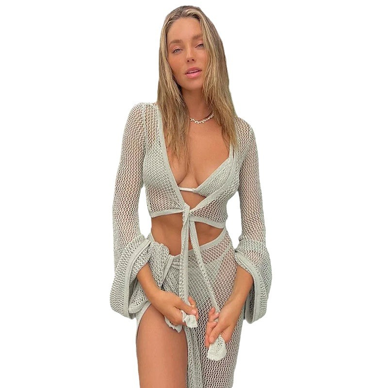 Hollow-out Long Sleeve Tied Short Top Beach Split Lace-up Skirt Two-piece Set