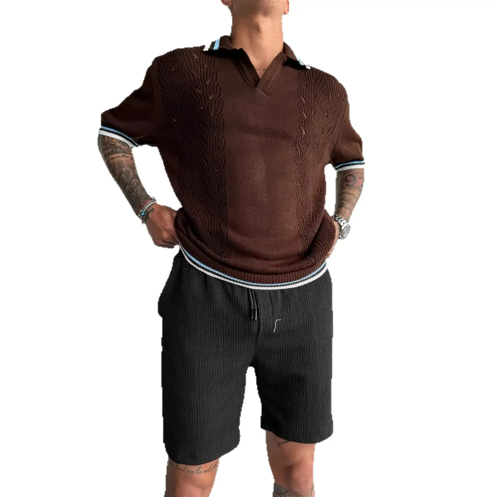 Mens Crew-neck Knitted Short-sleeve T-shirt Sweater