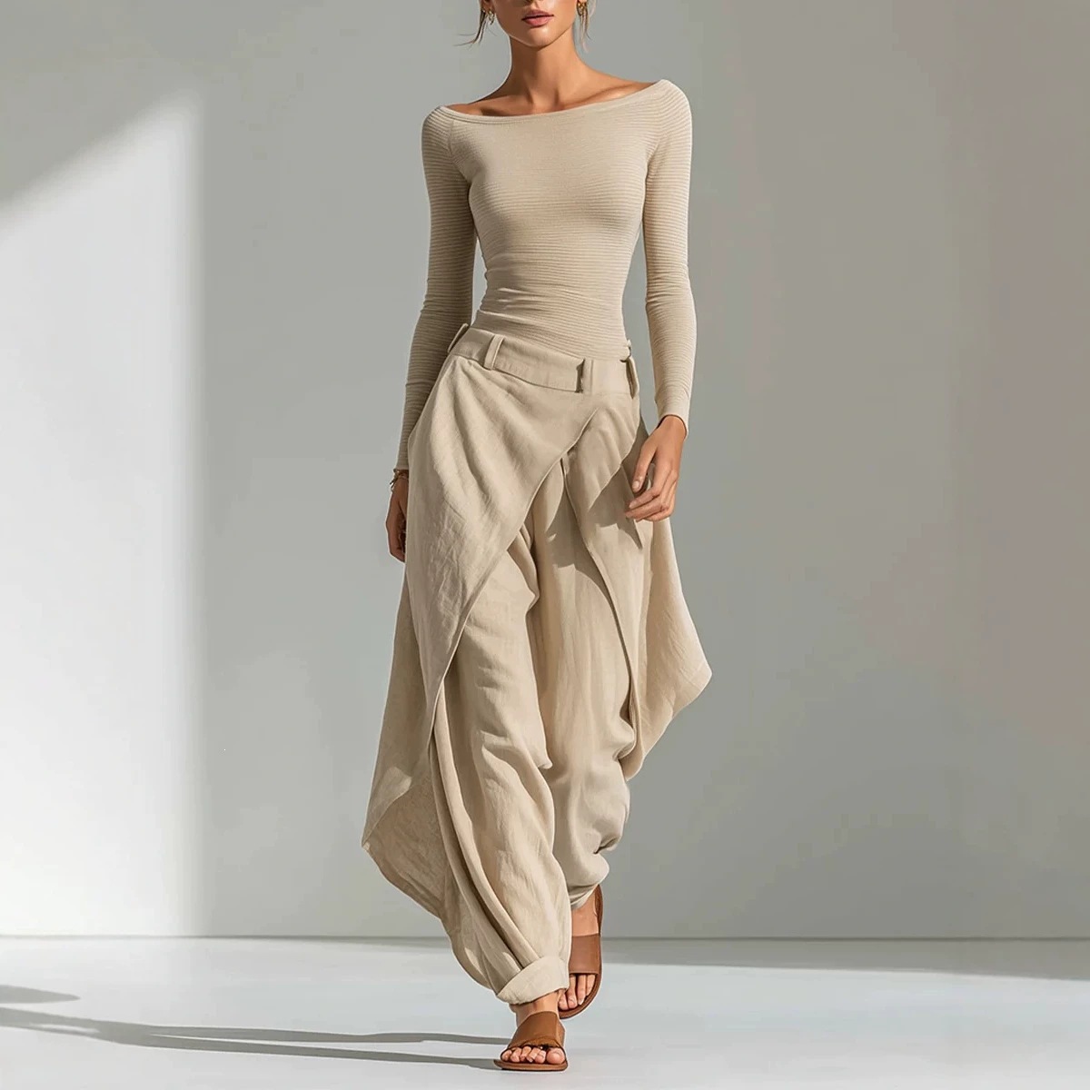 Elegant Casual Two-piece Set Featuring An Irregularly Draped Wide-leg Pants Style