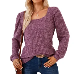 Square Collar Solid Colour Rib Fabric Loose Long-sleeved T-shirt Top For Women - Purplish Red - View 1