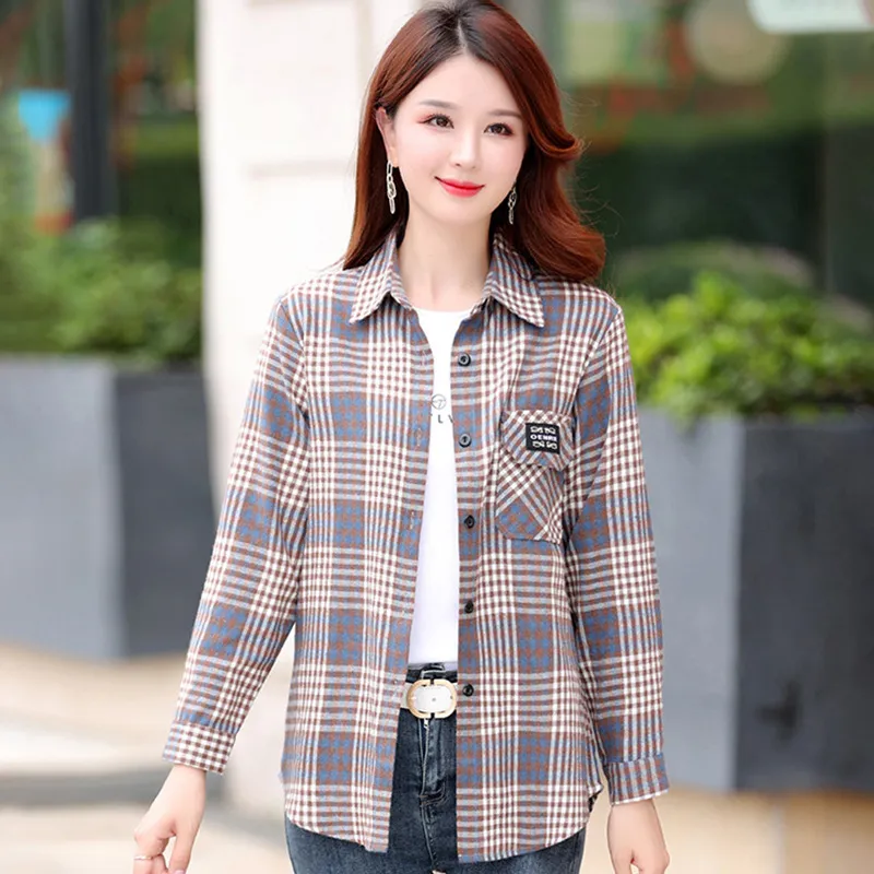 Autumn Plaid Shirt Women's Cotton Long-sleeved Brushed Vintage Coat - Blk1686