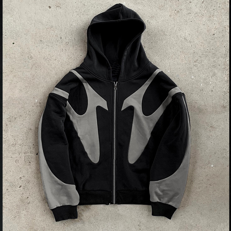 Pattern Stitching Trendy Hooded Cardigan Zipper Sweater