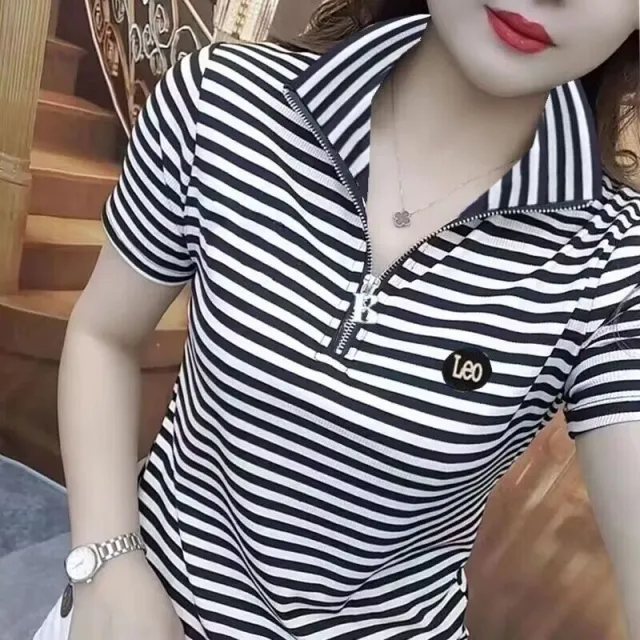 Letter Embroidery Stand up Collar Short sleeved T shirt Shoulder White - Shop at LoveMi