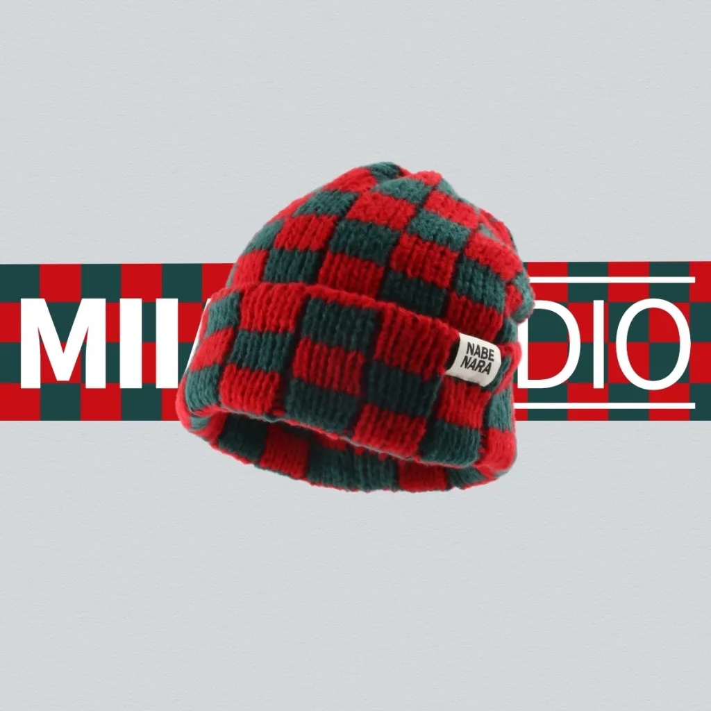 Autumn And Winter Warm Contrast Color Chessboard Plaid Woolen Cap - Red With Label