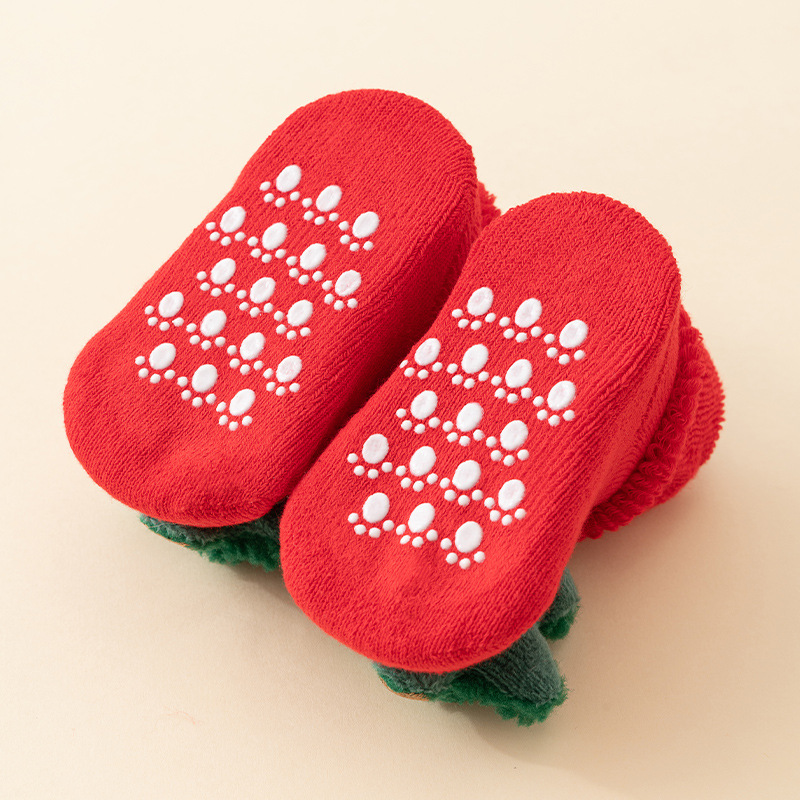 Babys Cozy Fleece-lined Thickened Pure-cotton Red Floor Socks For Fall And Winter