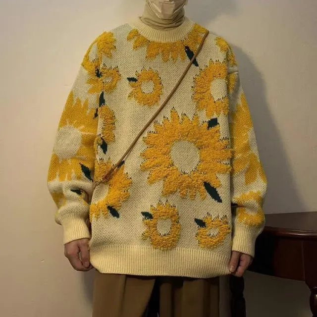 Japanese style Retro High Street Lazy Sunflower Sweater Apricot - Shop at LoveMi