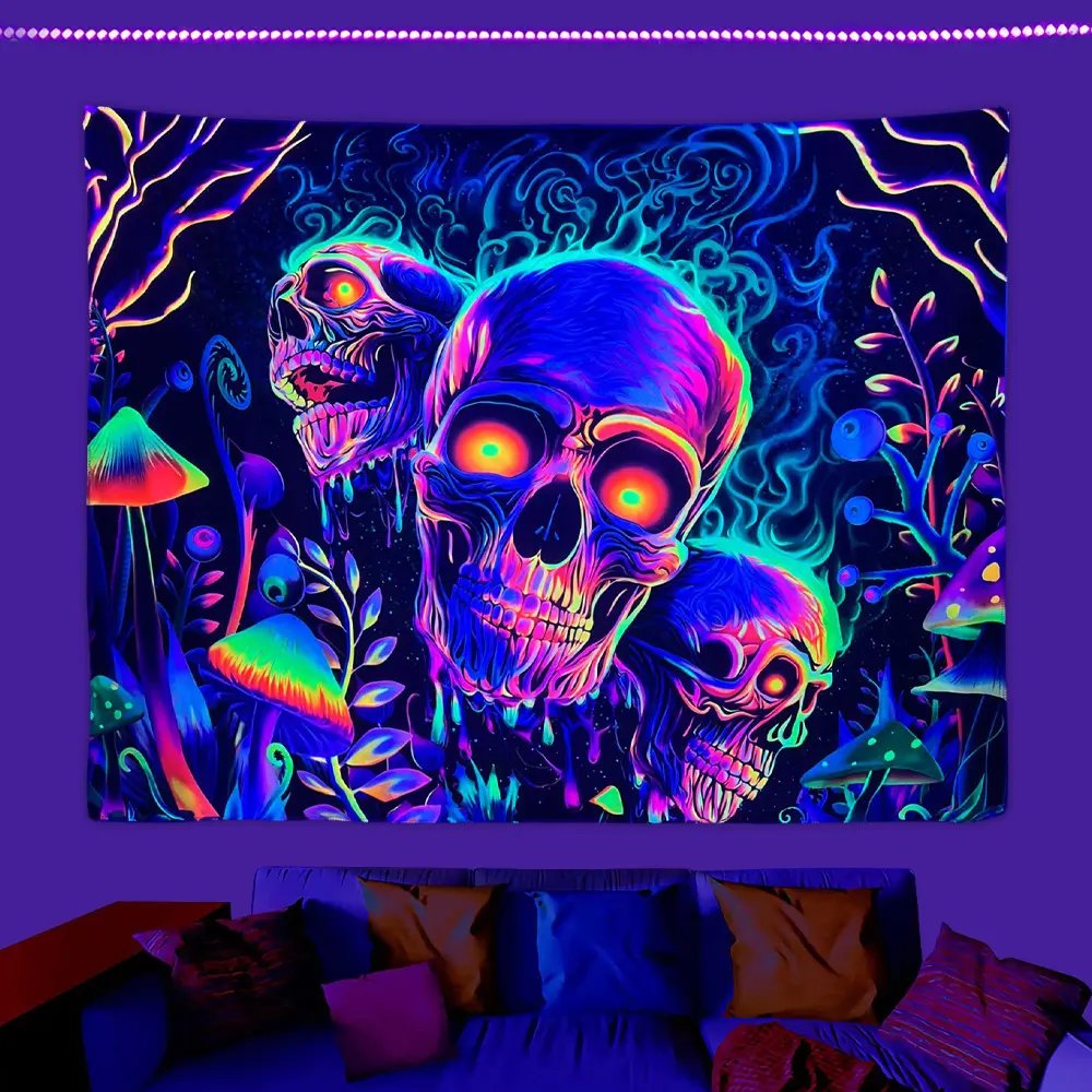 Fluorescent Skull Tapestry UV Black Light Background
