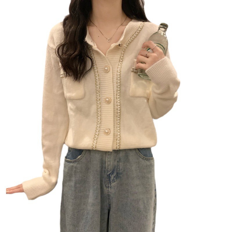 Womens Crew-neck Sweater With Pearl-button Cardigan Jacket