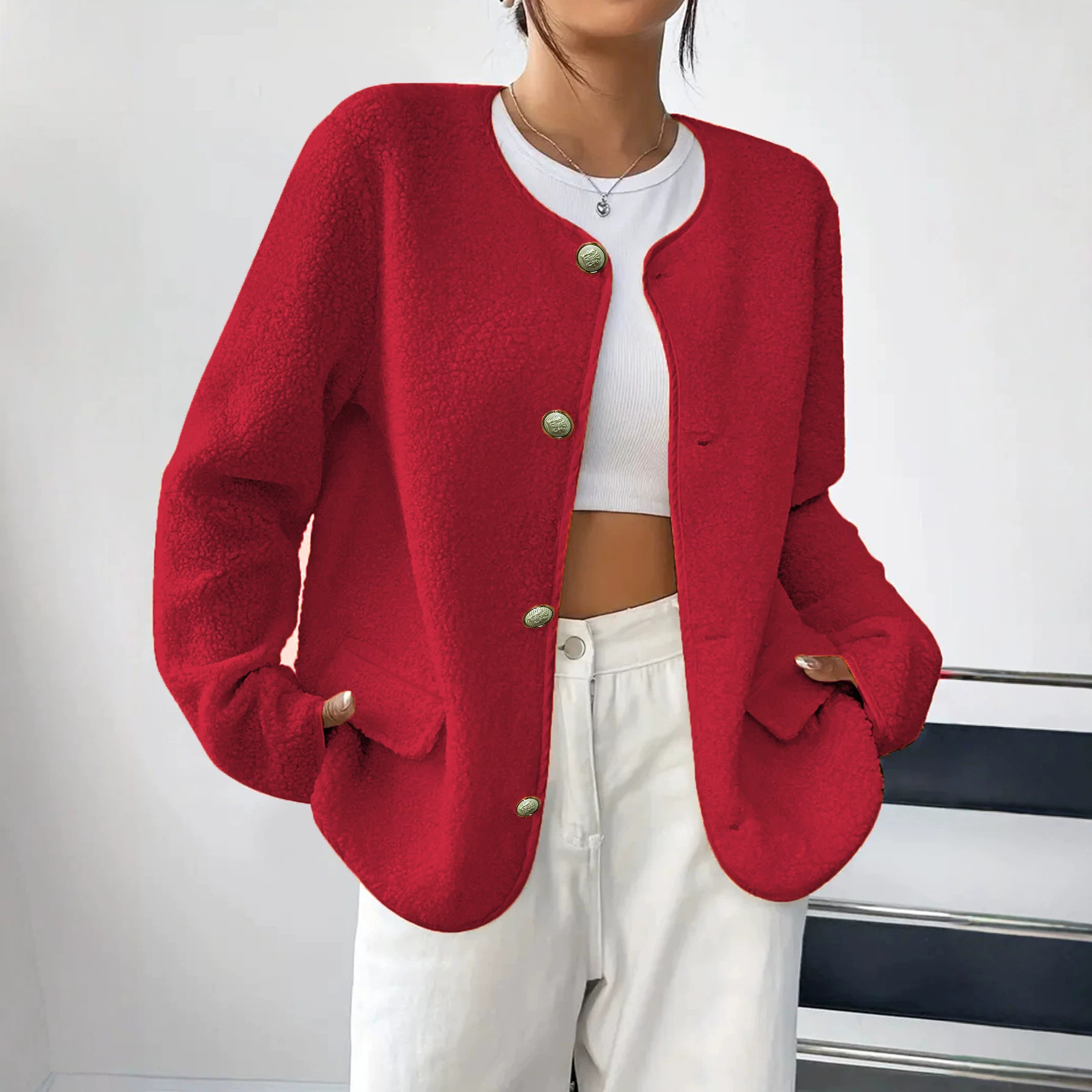 Plus-size Womens Textured Chanel-style Wool Coat