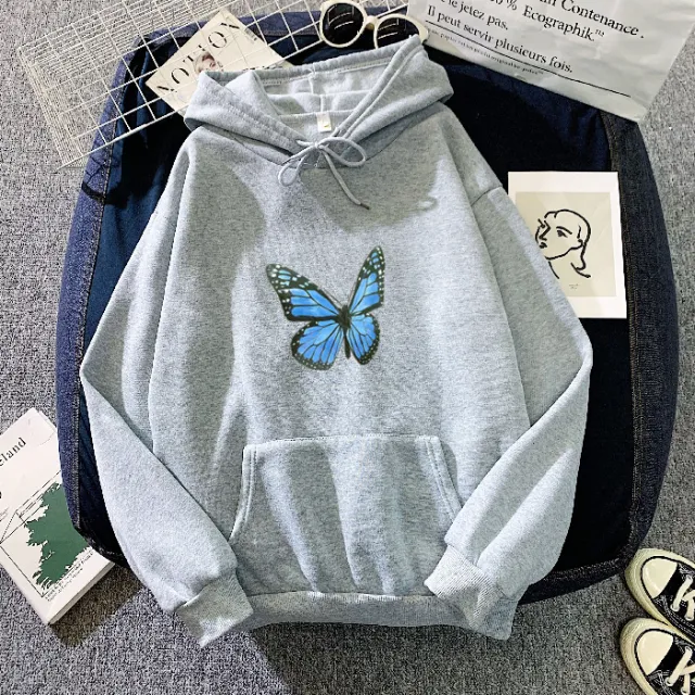 Thickened Fleece lined Autumn And Winter Printing Butterfly Sweater Gray - Shop at LoveMi