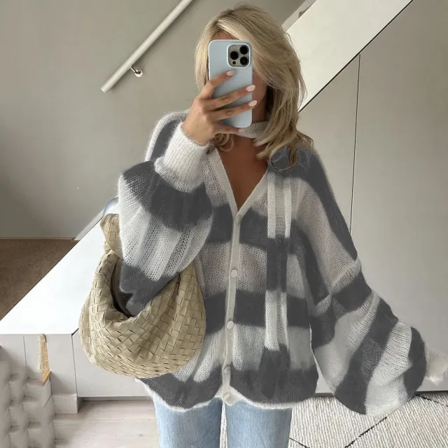 Loose And Idle Striped Sweater Cardigan With Scarf Gray And White - Shop at LoveMi
