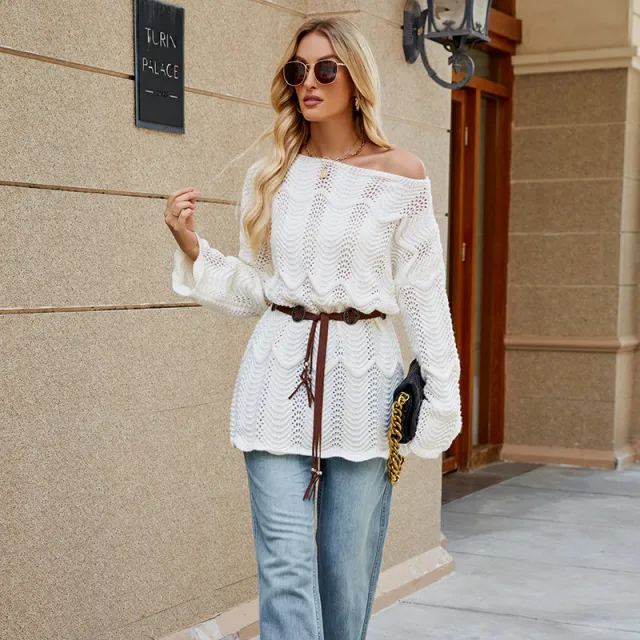 Hollow Out Off shoulder Shoulder baring Long Sleeve Sexy Sweater White Plus Belt - Shop at LoveMi