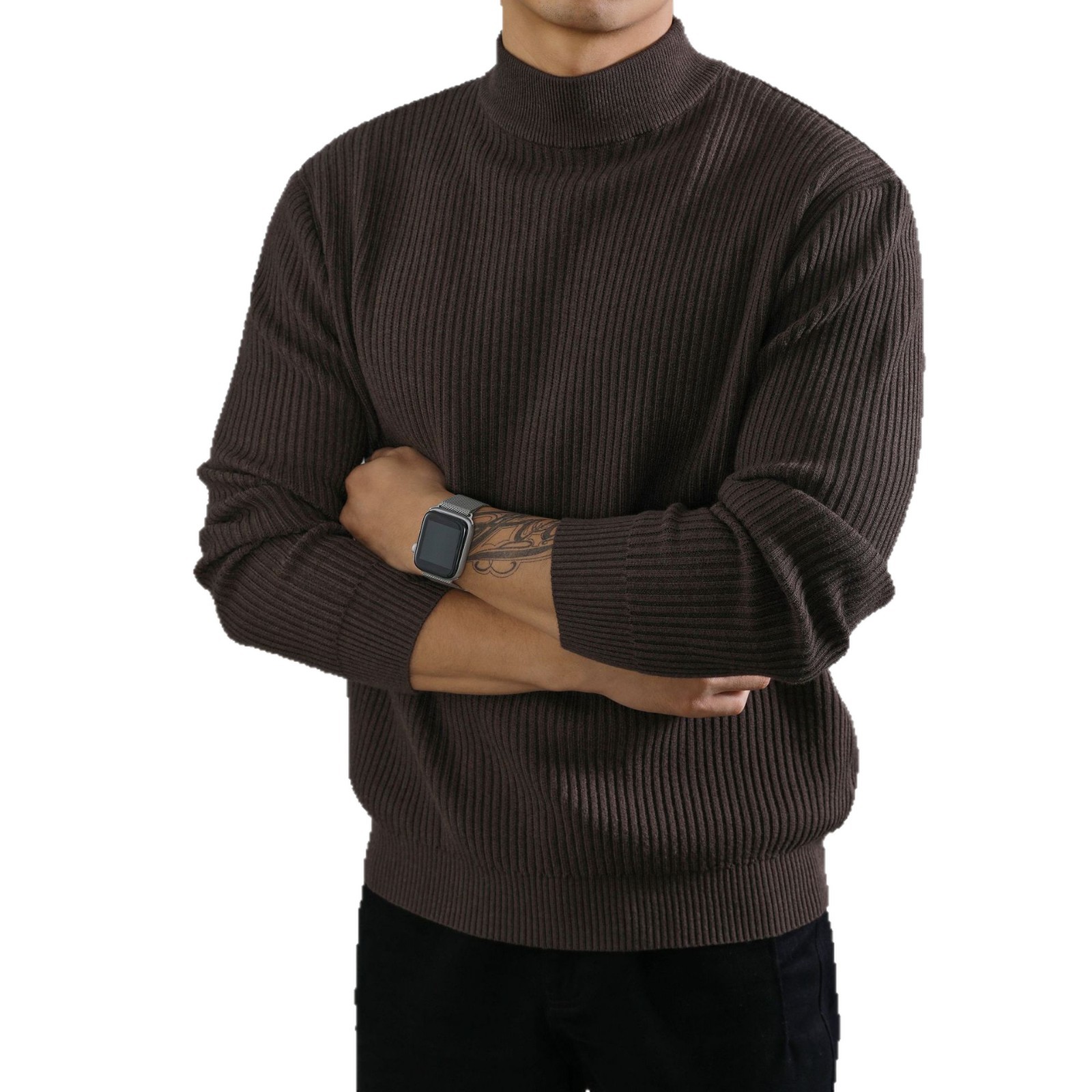 Mens Warm Korean-style Half-turtleneck Sweater With Vertical Stripes For Layering