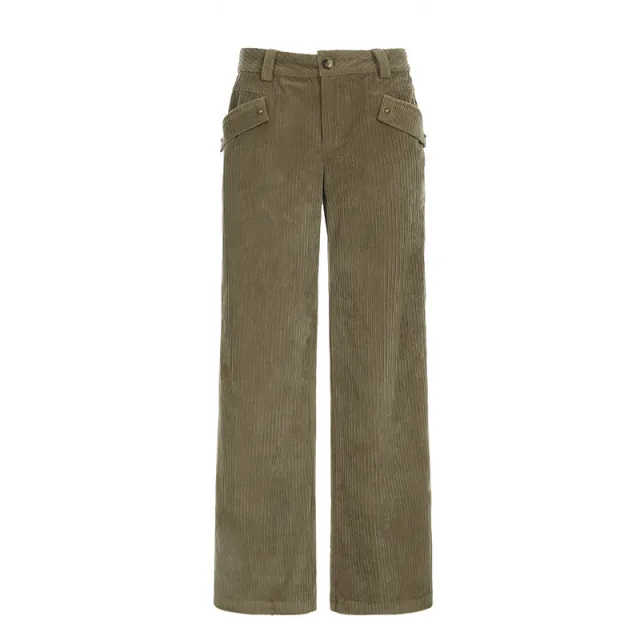 High Waist Straight All matching Corduroy Flanging Pocket Loose Casual Pants Khaki - Shop at LoveMi